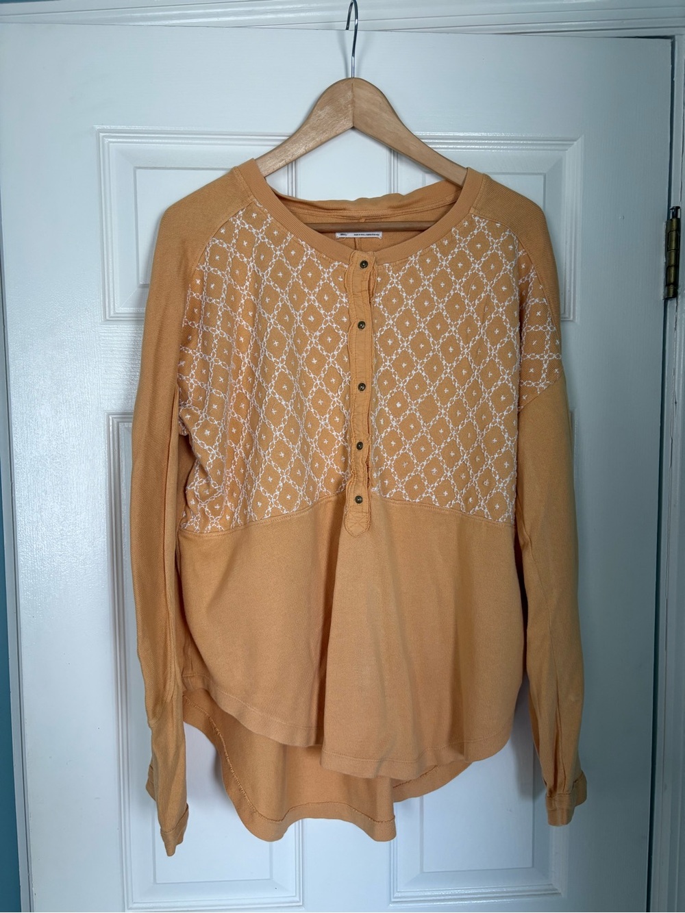 We the Free by Free People Peach Fuzz Oversized Henley Top with White Embroidery